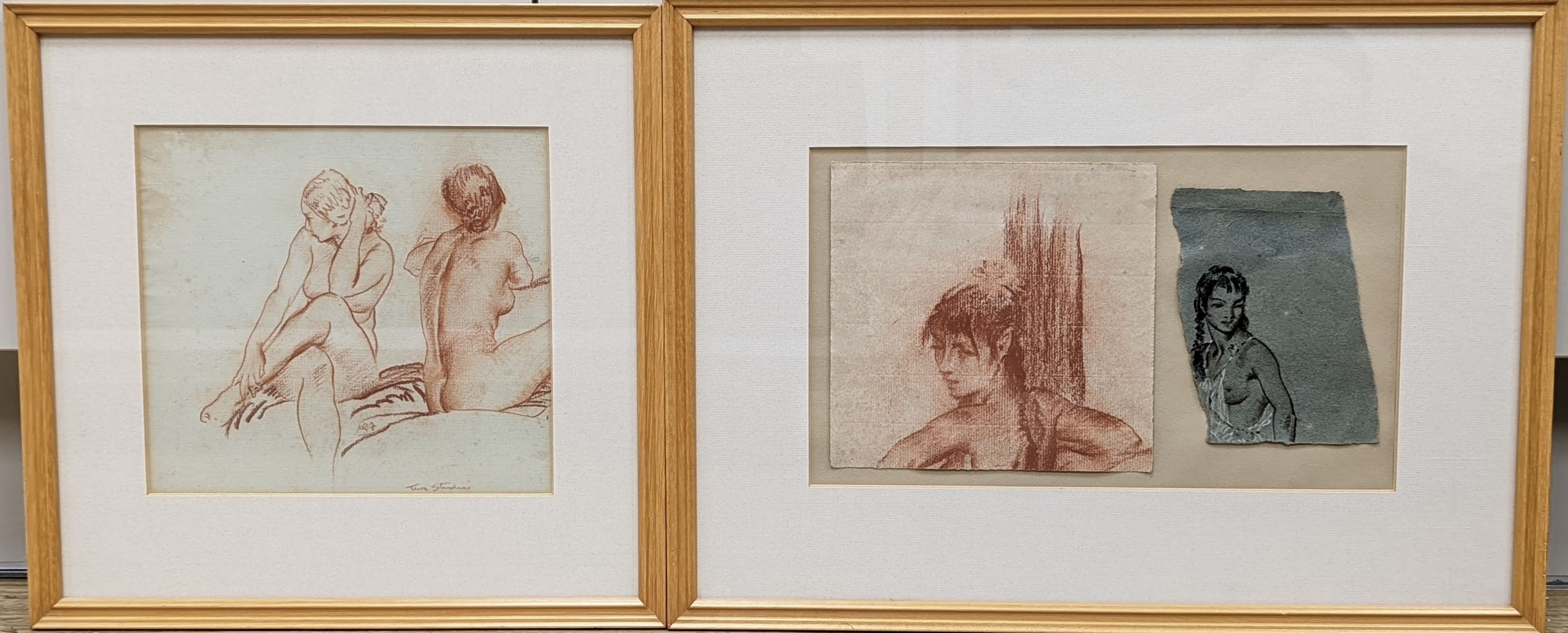 Sir William Russell Flint (1880-1969), Three studies of models, one inscribed 'Two Studies', conte crayon, largest 19 x 21cm